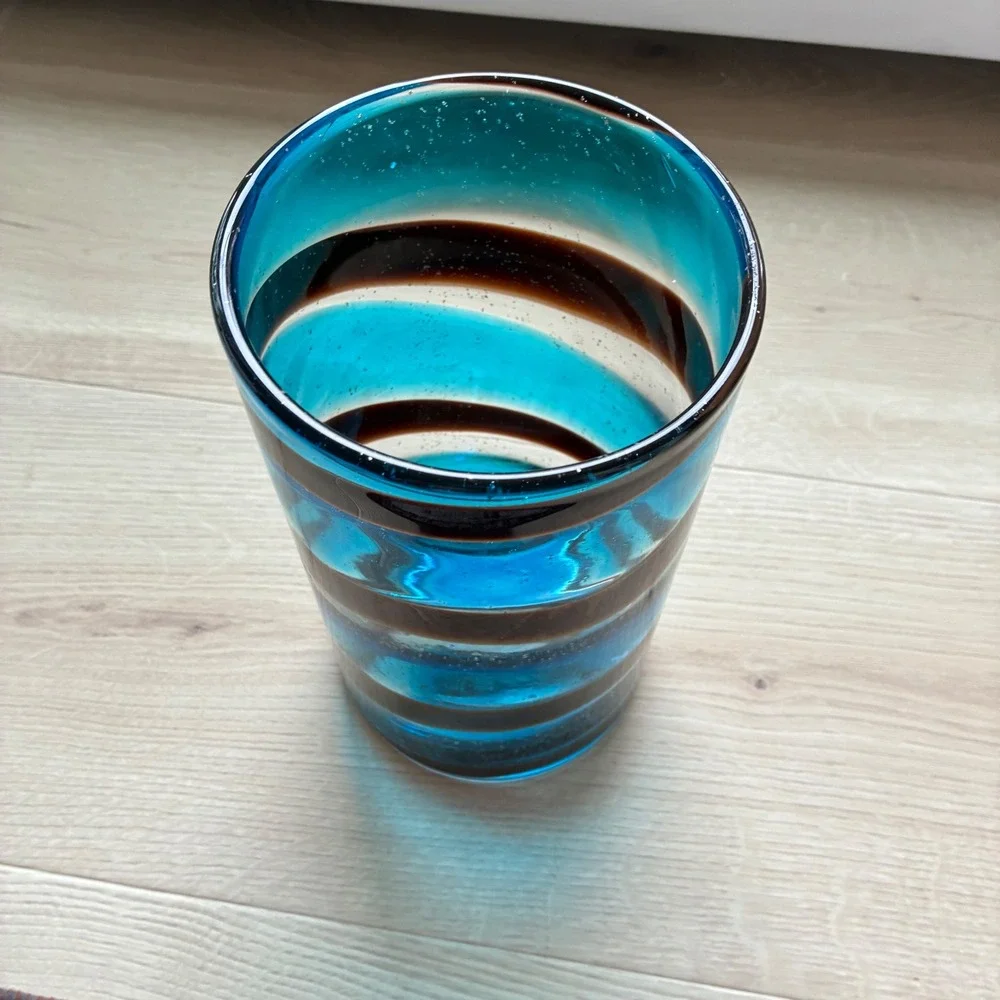 Vintage Murano Style Hand Blown Art Glass Vase Turquoise Blue Brown Swirl 9.5in